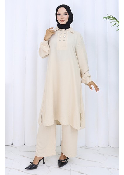 Çift Düğmeli Tunik Pantolon Ikili Takım 2118-06 Vizon