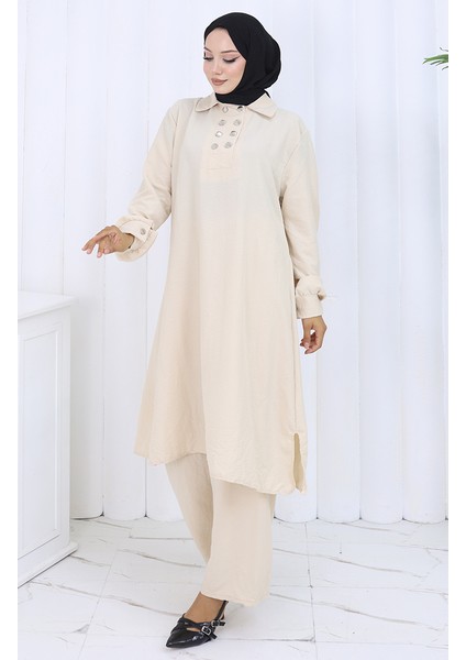 Çift Düğmeli Tunik Pantolon Ikili Takım 2118-06 Vizon fiyatları