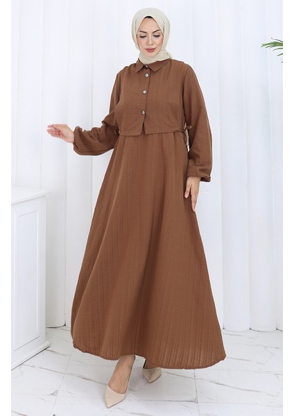 Düğmeli Yelek Elbise Ikili Takım 2119-03 Kahverengi