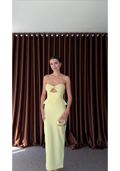 Göğüs Gold Detaylı Lime Elbise