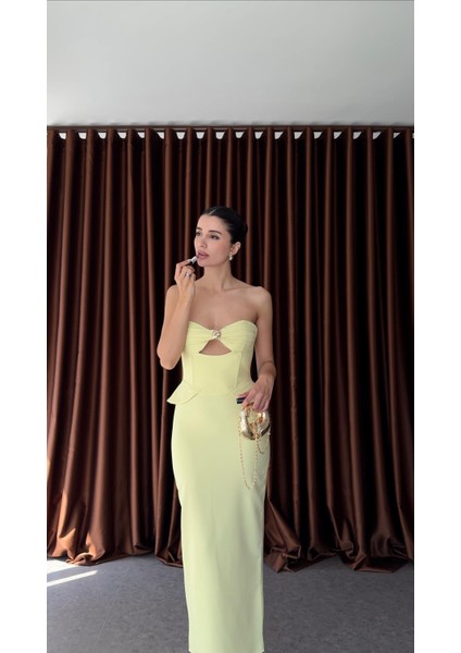 Göğüs Gold Detaylı Lime Elbise modelleri