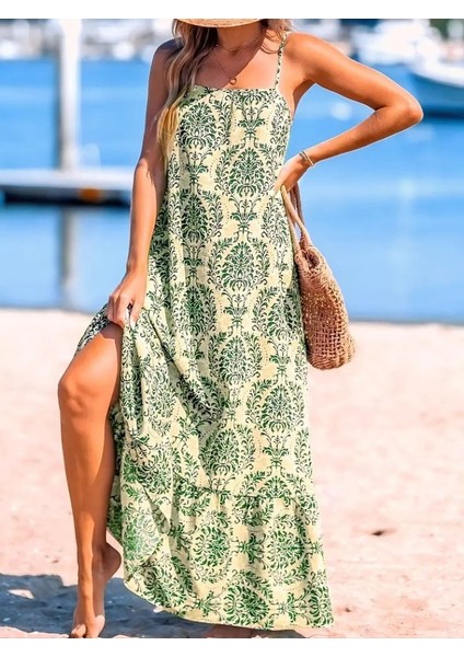 Kadın Ip Askılı Desenli Fırfırlı Süprem Elbise