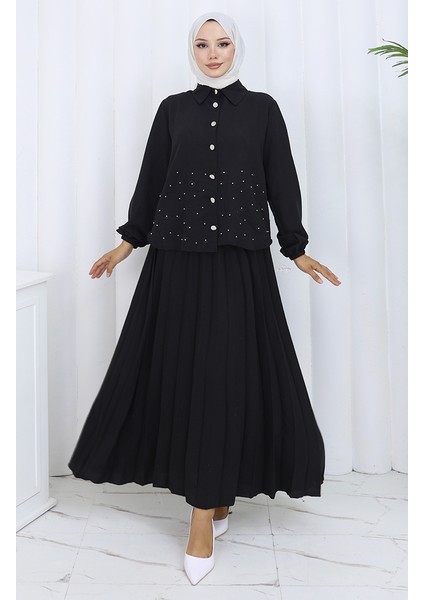 Taşlı Düğmeli Tunik Etek Ikili Takım 2115-05 Siyah