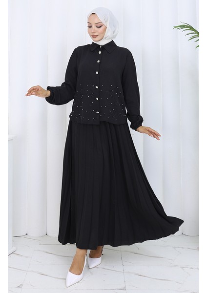 Taşlı Düğmeli Tunik Etek Ikili Takım 2115-05 Siyah modelleri