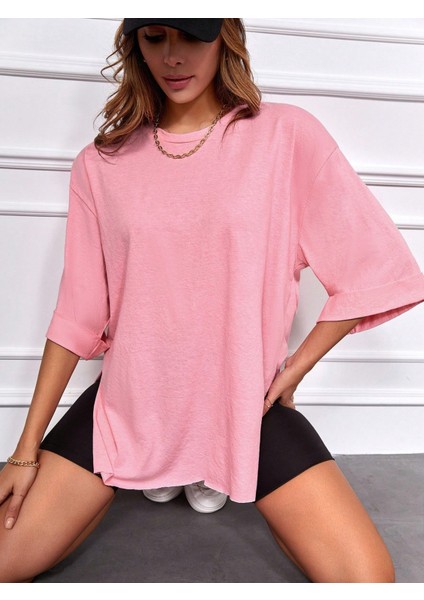 Kadın Standart Beden Duble Kol Yandan Yırtmaçlı Pembe T-Shirt