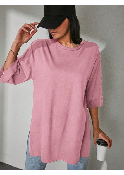 Kadın Standart Beden Duble Kol Yandan Yırtmaçlı Pembe T-Shirt fiyatları