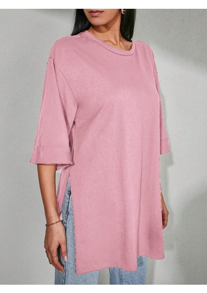 Kadın Standart Beden Duble Kol Yandan Yırtmaçlı Pembe T-Shirt modelleri