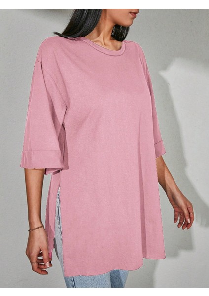 Kadın Standart Beden Duble Kol Yandan Yırtmaçlı Pembe T-Shirt fırsatları