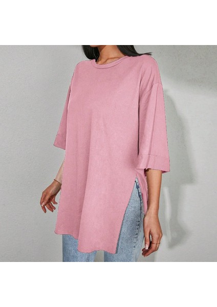 Kadın Standart Beden Duble Kol Yandan Yırtmaçlı Pembe T-Shirt indirimleri