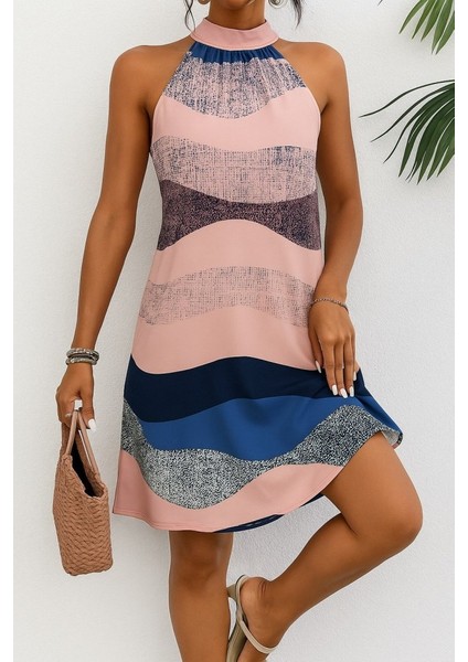 Kadın Kolsuz Boyundan Askılı Desenli Midi Süprem Elbise modelleri