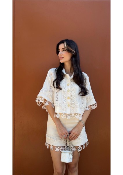 Nakışlı Şort-Gömlek Premium Krem Takım
