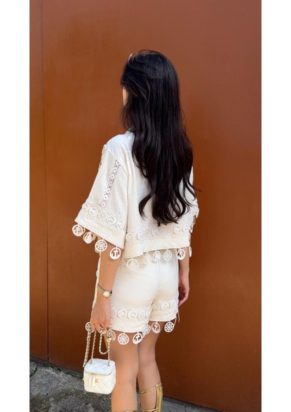 Nakışlı Şort-Gömlek Premium Krem Takım fiyatları