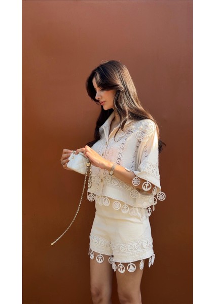 Nakışlı Şort-Gömlek Premium Krem Takım modelleri