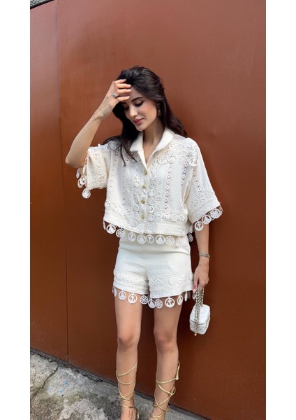 Nakışlı Şort-Gömlek Premium Krem Takım fırsatları
