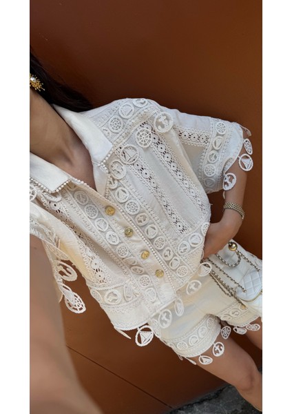 Nakışlı Şort-Gömlek Premium Krem Takım indirimleri