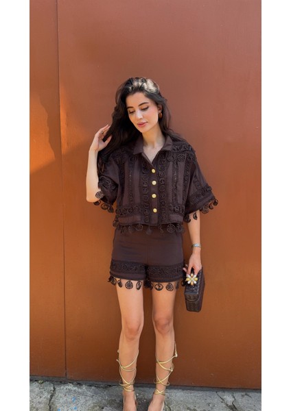 Nakışlı Şort-Gömlek Premium Kahve Takım