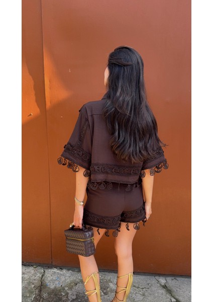 Nakışlı Şort-Gömlek Premium Kahve Takım fiyatları