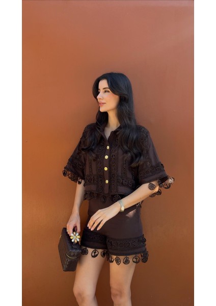 Nakışlı Şort-Gömlek Premium Kahve Takım modelleri