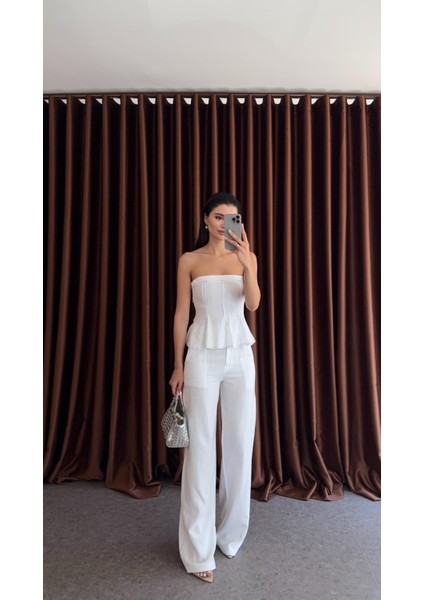 Kontrast Dikişli Beyaz Bluz-Pantolon Keten Takım