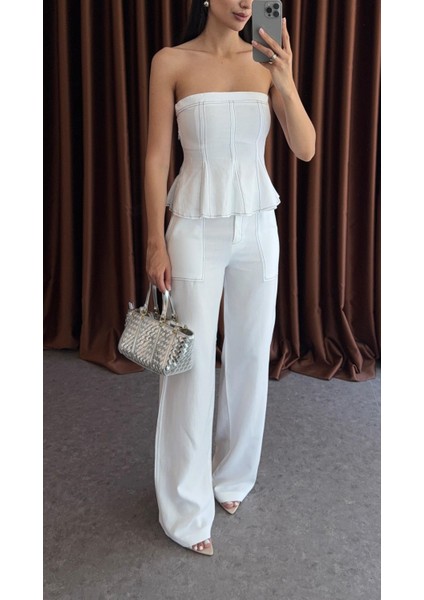 Kontrast Dikişli Beyaz Bluz-Pantolon Keten Takım modelleri