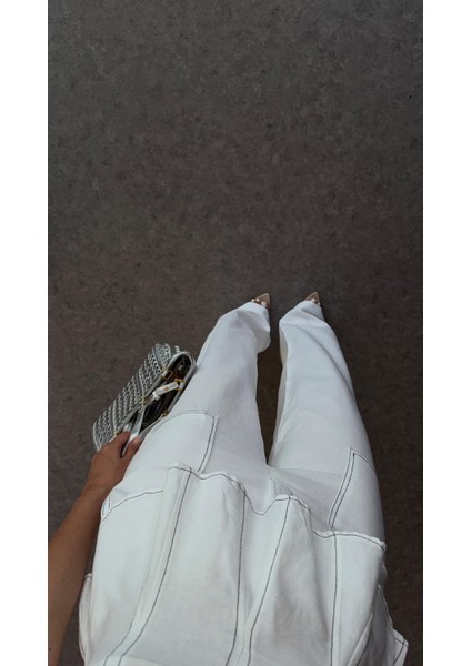 Kontrast Dikişli Beyaz Bluz-Pantolon Keten Takım fırsatları