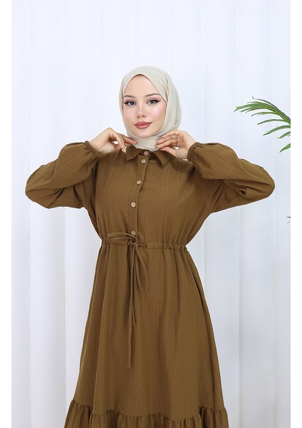 Beli Bağcıklı Düğmeli Elbise 0127-02 Kahverengi modelleri