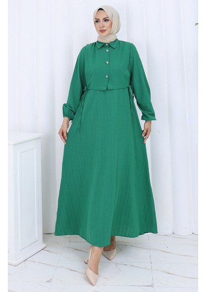 Düğmeli Yelek Elbise Ikili Takım 2119-04 Zümrüt Yeşili