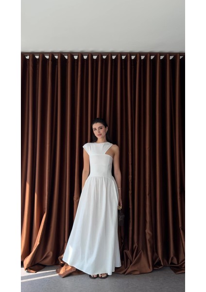 Omuz Detaylı Keten Beyaz Elbise modelleri