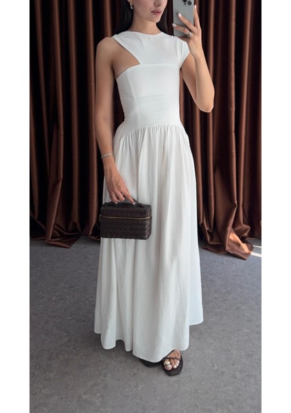 Omuz Detaylı Keten Beyaz Elbise indirimleri