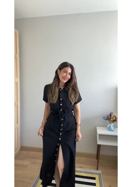 Kadın Kısa Kollu Yakalı Önden Düğmeli Beli Kuşaklı Ithal Keten Elbise