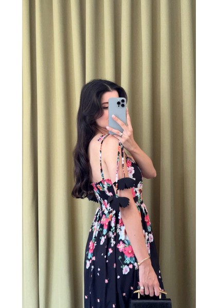 Askılı Çiçekli Siyah Elbise fiyatları