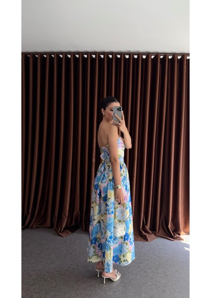 Mavi Çiçekli Straplez Elbise fiyatları