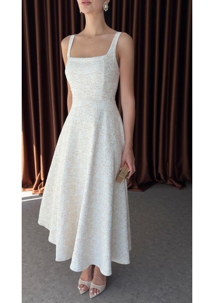 Kare Yaka Jakarlı Rose Gold Elbise