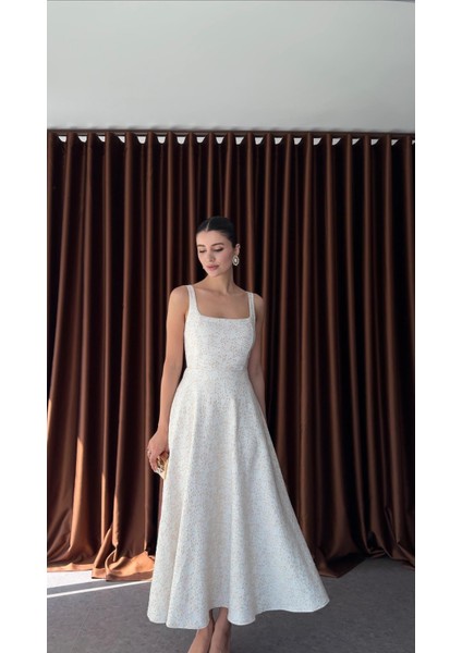 Kare Yaka Jakarlı Rose Gold Elbise