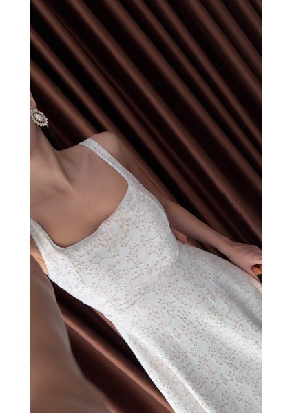 Kare Yaka Jakarlı Rose Gold Elbise