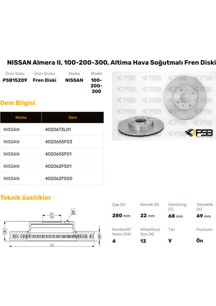 Fren Diski Ön 280MM Nıssan Prımera 1999- Almera 2000- Oem Kodu - 40206-73L01-PSB15209