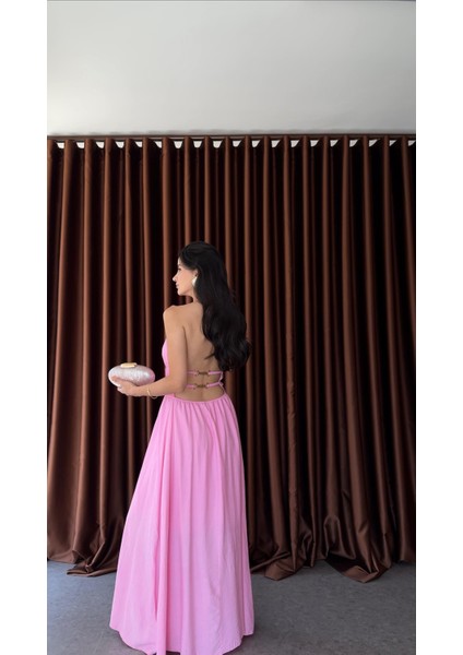 Sırt Gold Detaylı Pembe Elbise fiyatları