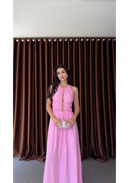 Sırt Gold Detaylı Pembe Elbise fırsatları