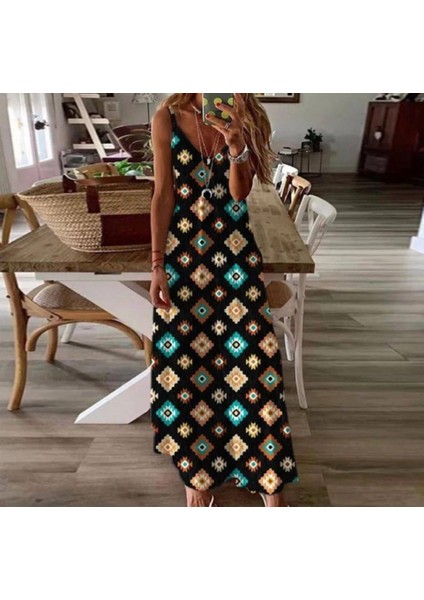 Kadın Dijital Baskılı Suprem Kumaş Askılı Maxi Boy Elbise