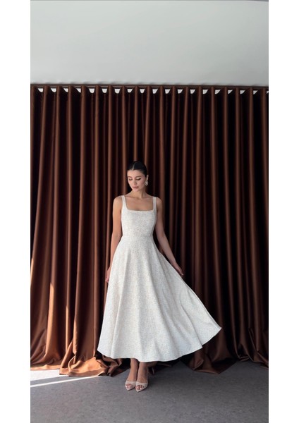 Kare Yaka Jakarlı Rose Gold Elbise