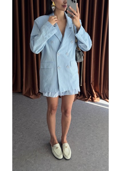 Bebe Mavisi Düğmeli Oversize Ceket modelleri