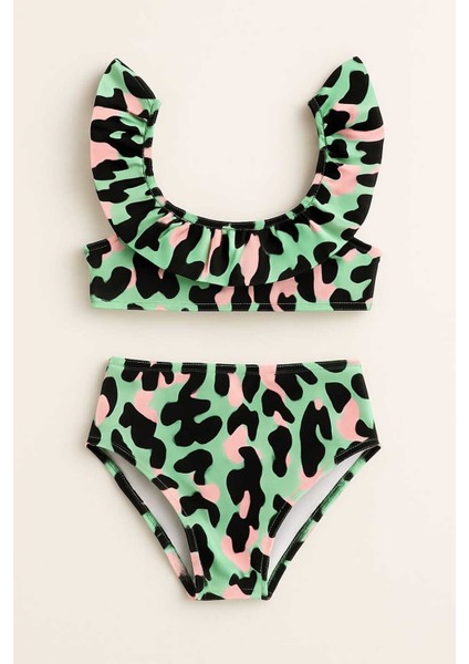 Fırfırlı Baskılı Yüksek Bel Kız Çocuk Mayosu 3-10 Yaş 11928