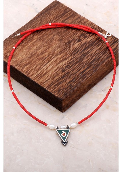 Doğal Taşlı Mozaik Işlemeli Gümüş Kolye 6823