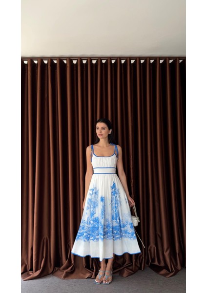 Mavi Dijital Baskılı Elbise