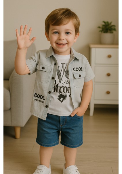 Cool Kısa Kollu Gömlek T-Shirt ve Kot Şortlu Takım