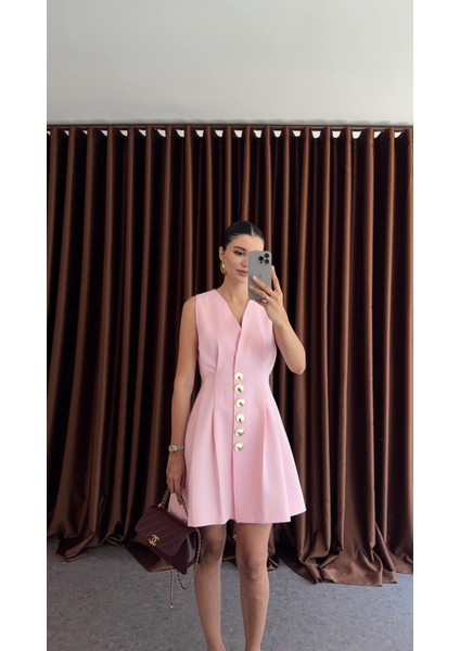 Gold Düğmeli Astarlı Pastel Pembe Ceket Elbise