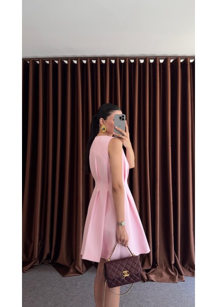 Gold Düğmeli Astarlı Pastel Pembe Ceket Elbise fiyatları