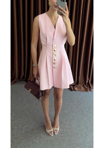 Gold Düğmeli Astarlı Pastel Pembe Ceket Elbise modelleri