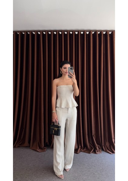 Kontrast Dikişli Bej Bluz-Pantolon Keten Takım