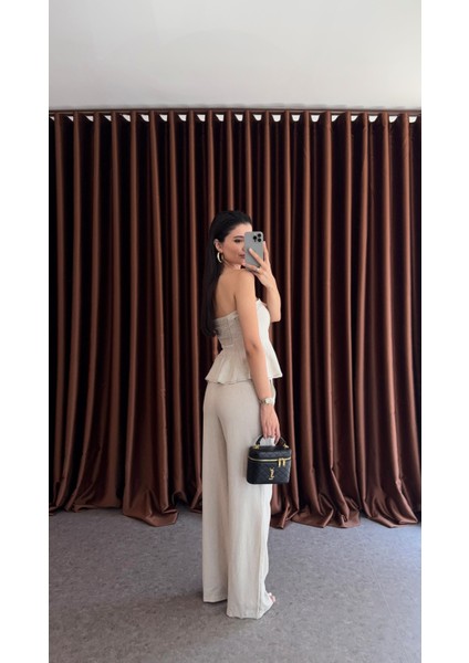 Kontrast Dikişli Bej Bluz-Pantolon Keten Takım fiyatları